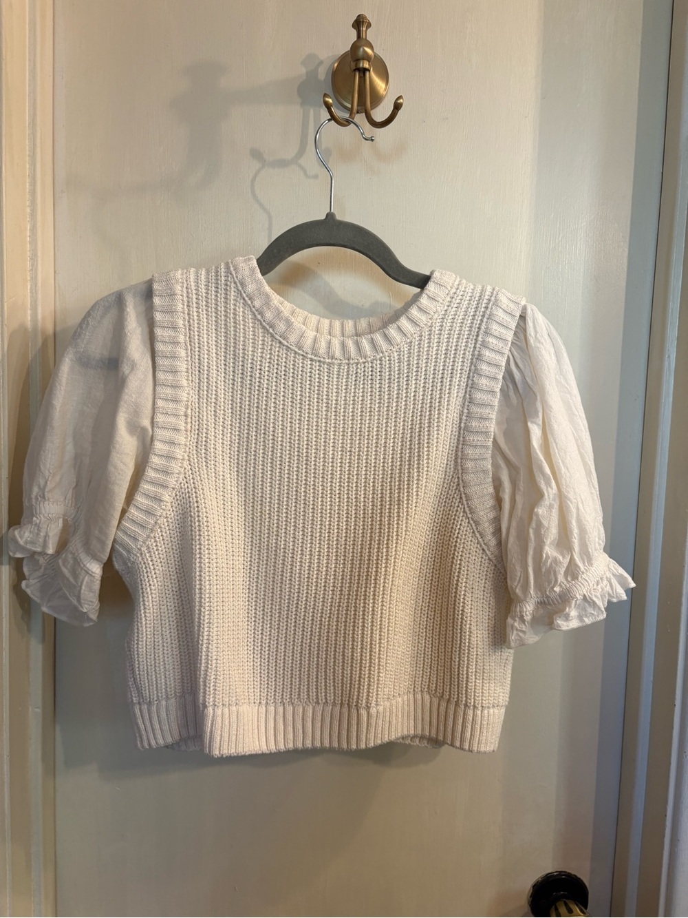 Zara Cream Knit Top with Puff Sleeves